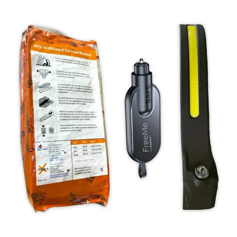 Bilpakke; termoteppe, nødhammer og LED hodelykt 